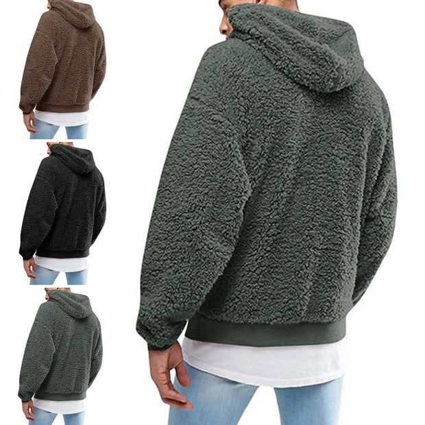 Winter Men's Solid Color Fluffy Wool Hooded Coat Pullover Warm