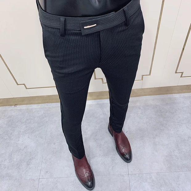 Fashion Striped Suit Pant Men Elegant Slim Fit Trousers