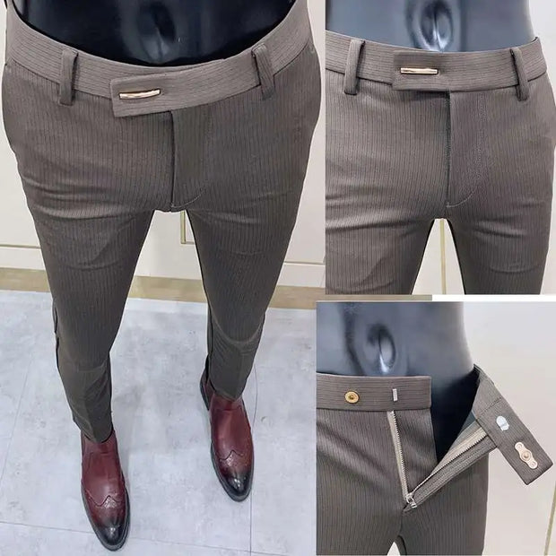 Fashion Striped Suit Pant Men Elegant Slim Fit Trousers