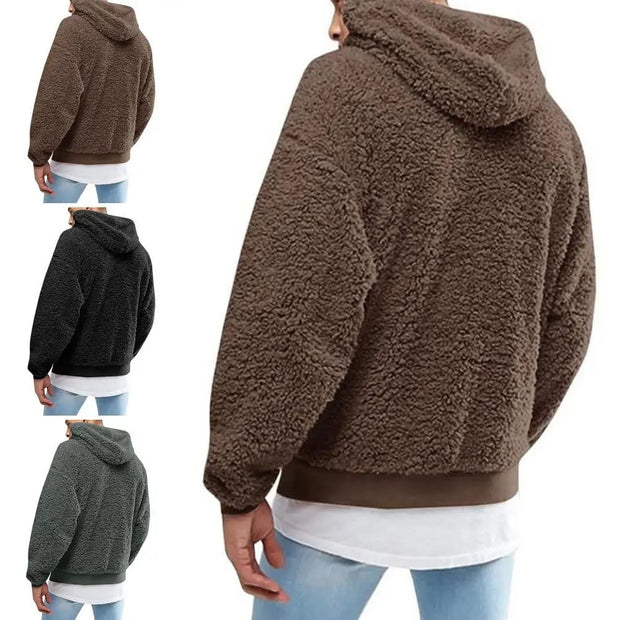 Winter Men's Solid Color Fluffy Wool Hooded Coat Pullover Warm