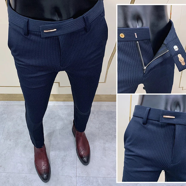 Fashion Striped Suit Pant Men Elegant Slim Fit Trousers