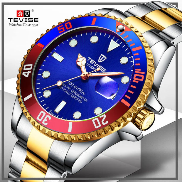 TEVISE Luxury Date Watch Men Waterproof Fashion Quartz Stainless